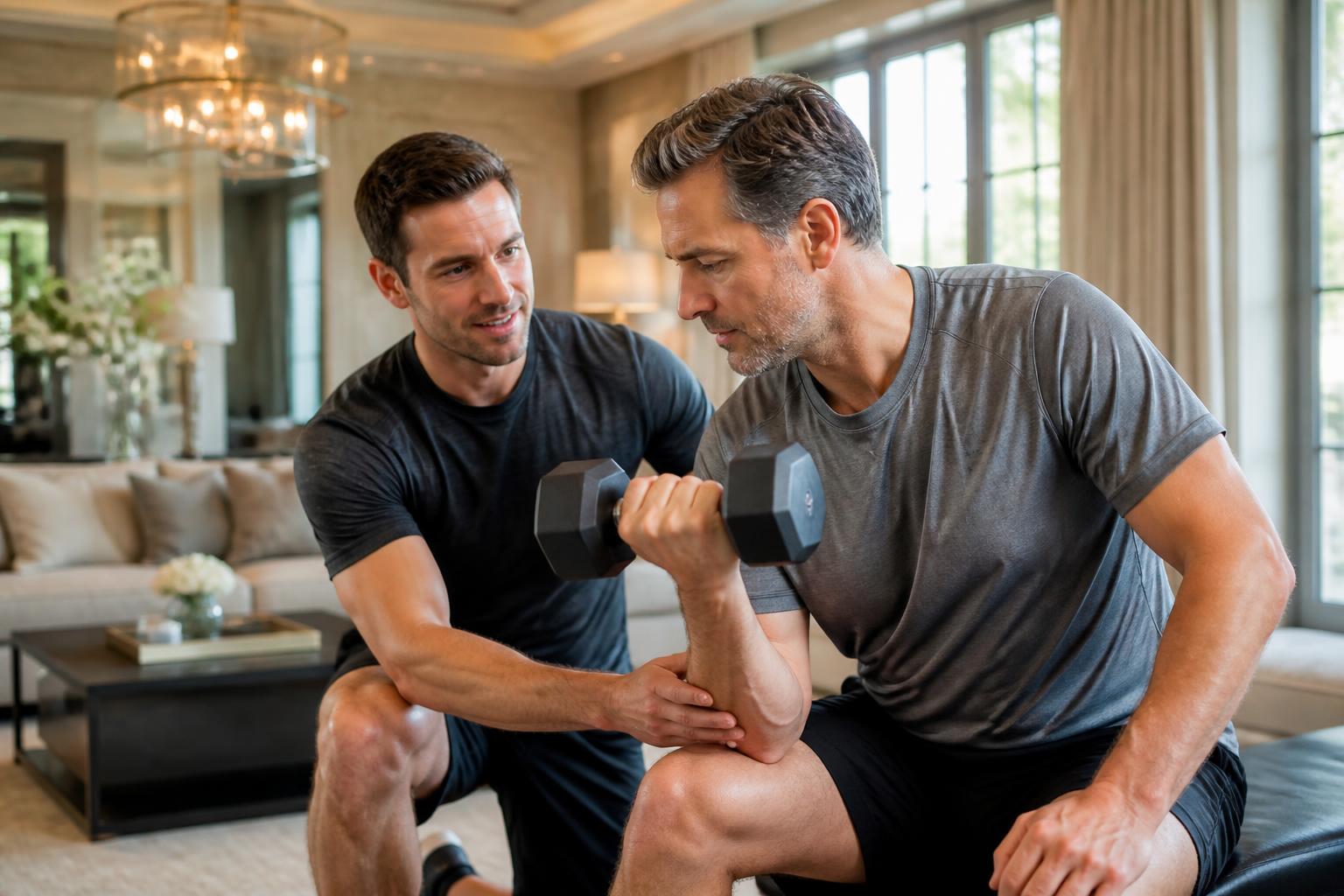 A professional HomeFit RVA trainer guiding a client through a safe, controlled in-home resistance movement