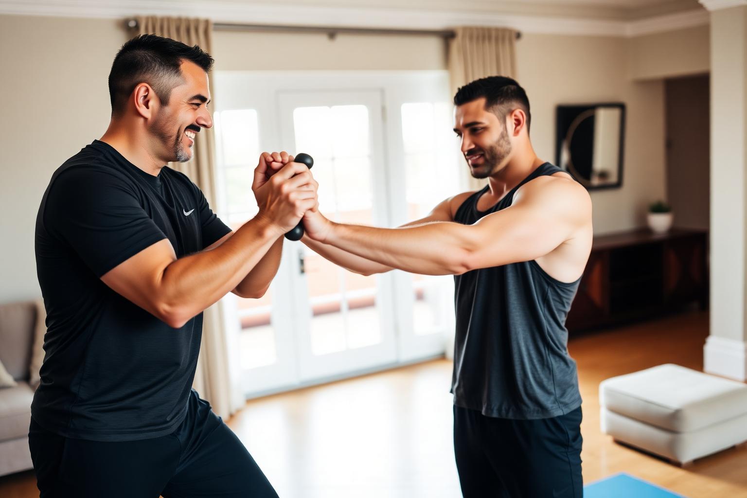 A professional HomeFit RVA trainer guiding a client through a safe, controlled in-home movement